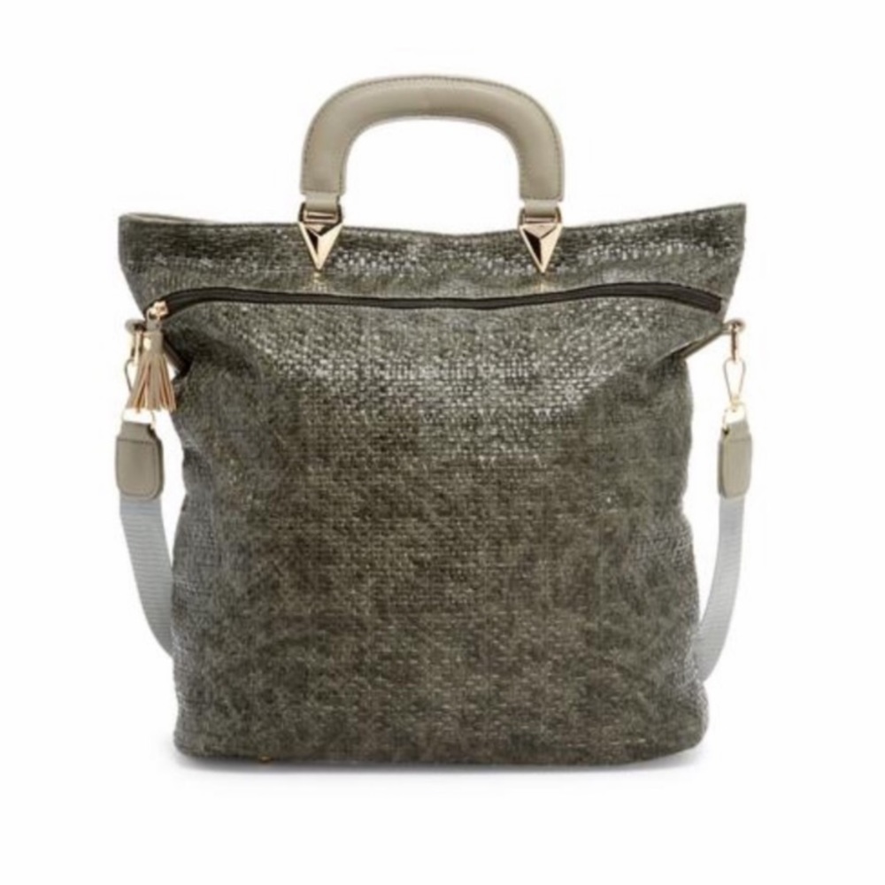 GRAY- Woven Faux/Vegan Leather Tote.